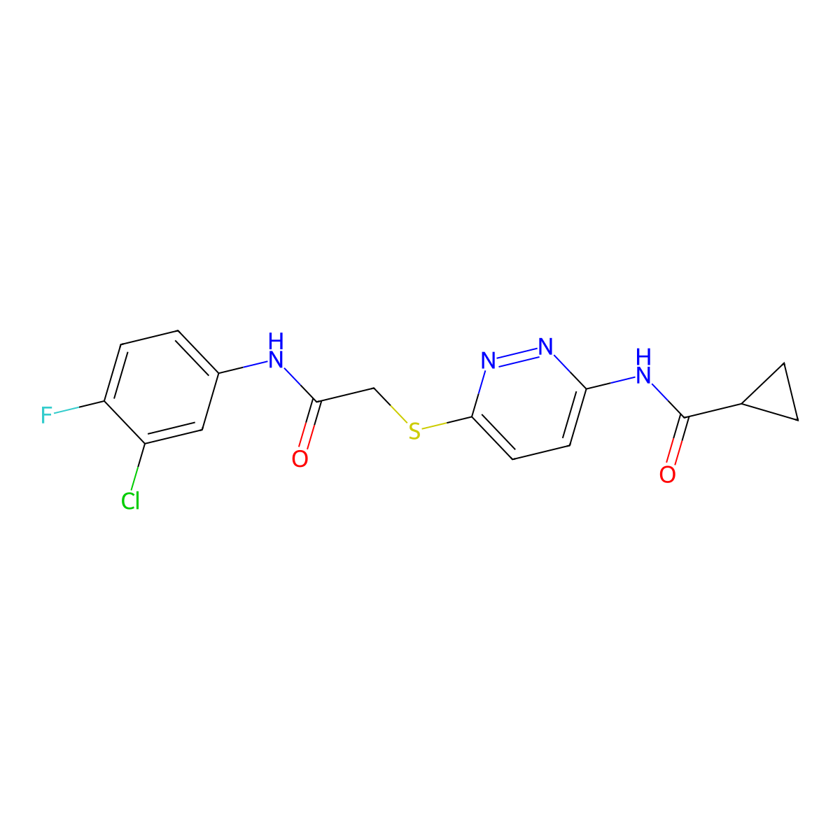 N-[6-({[(3-chloro-4-fluorophenyl)carbamoyl]methyl}sulfanyl)pyridazin-3-yl]cyclopropanecarboxamide molecular structure, CAS 1021214-00-5