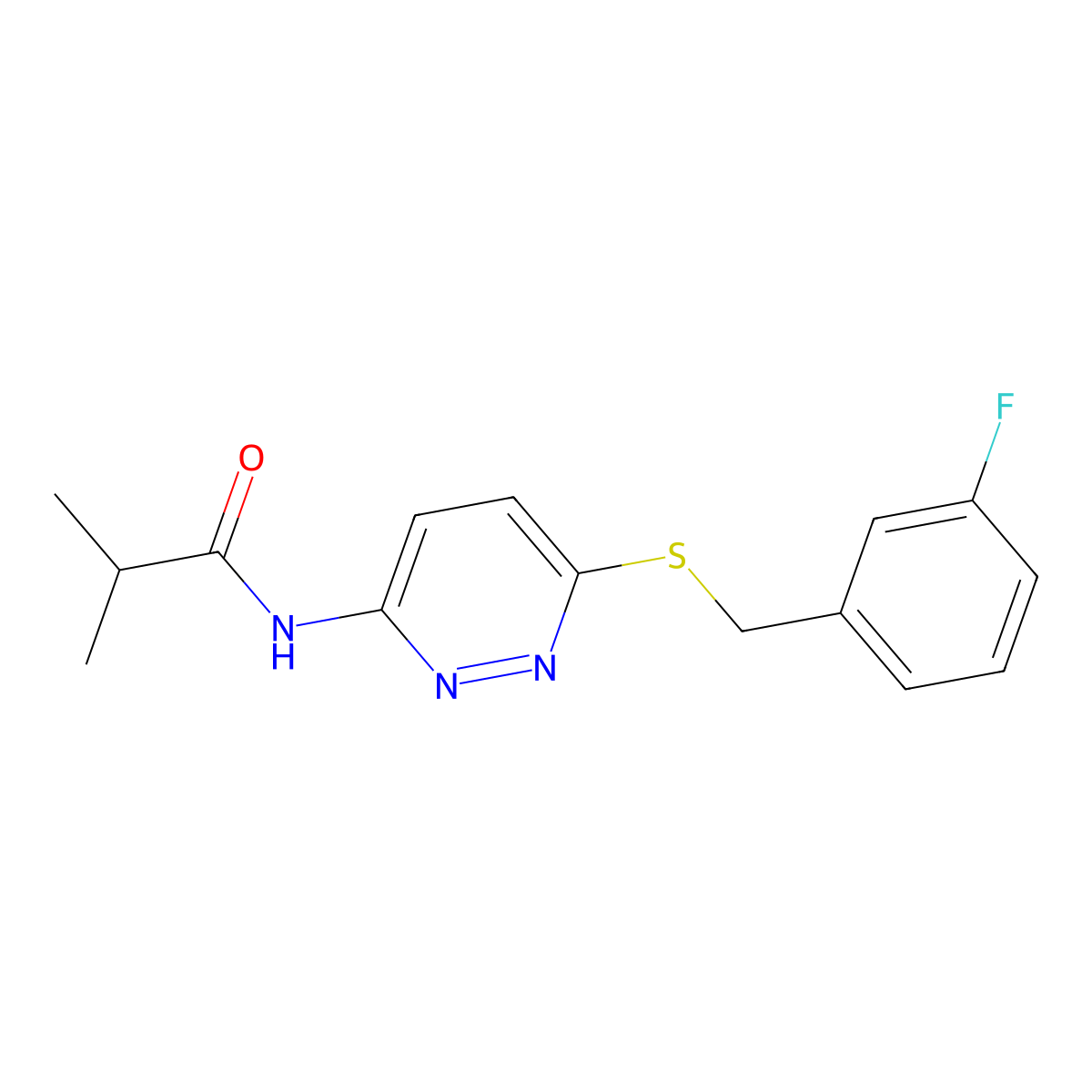 N-(6-{[(3-fluorophenyl)methyl]sulfanyl}pyridazin-3-yl)-2-methylpropanamide molecular structure, CAS 1021214-07-2