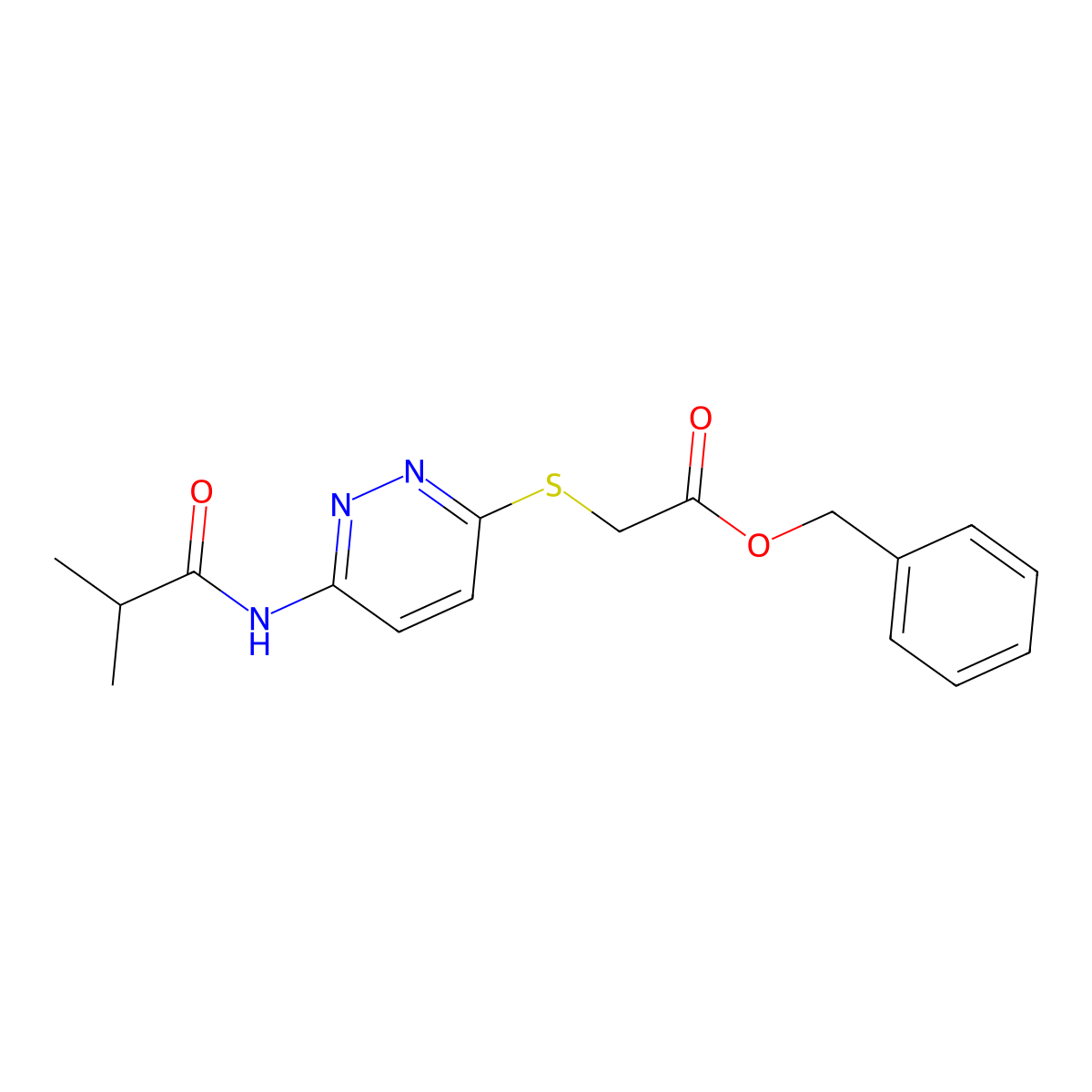 Benzyl 2-{[6-(2-methylpropanamido)pyridazin-3-yl]sulfanyl}acetate molecular structure, CAS 1021214-13-0