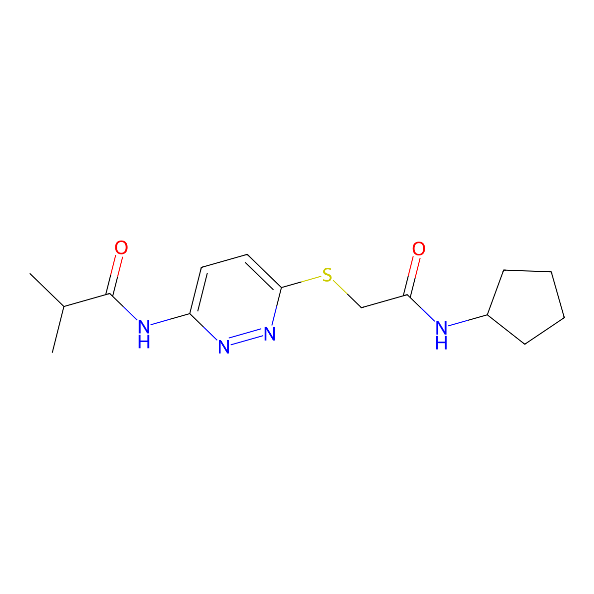 N-(6-{[(cyclopentylcarbamoyl)methyl]sulfanyl}pyridazin-3-yl)-2-methylpropanamide molecular structure, CAS 1021214-16-3