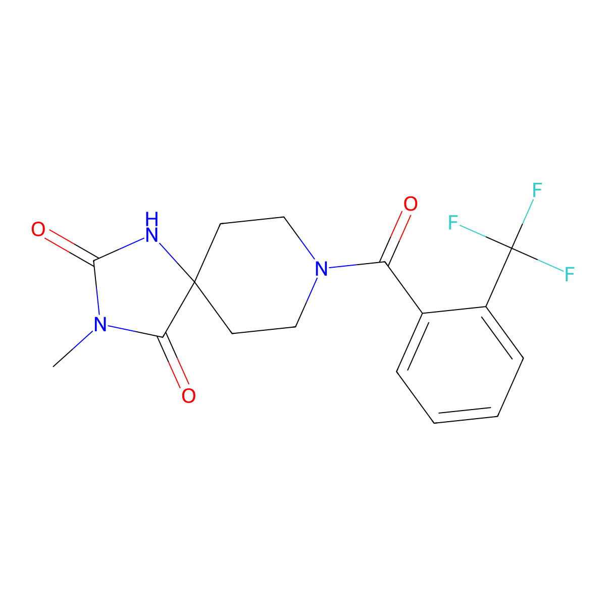 3-Methyl-8-[2-(trifluoromethyl)benzoyl]-1,3,8-triazaspiro[4.5]decane-2,4-dione molecular structure, CAS 1021214-23-2