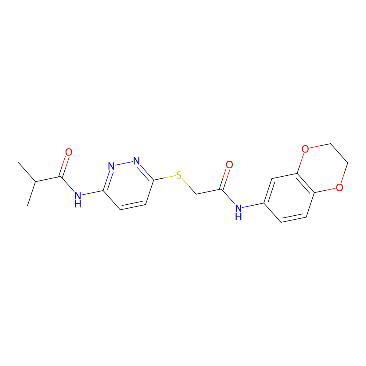 N-[6-({[(2,3-dihydro-1,4-benzodioxin-6-yl)carbamoyl]methyl}sulfanyl)pyridazin-3-yl]-2-methylpropanamide molecular structure, CAS 1021214-27-6