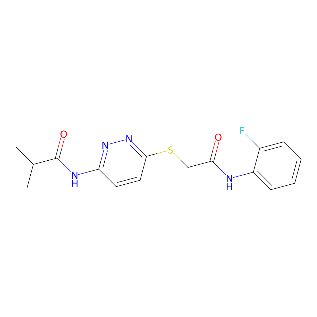 N-[6-({[(2-fluorophenyl)carbamoyl]methyl}sulfanyl)pyridazin-3-yl]-2-methylpropanamide molecular structure, CAS 1021214-29-8