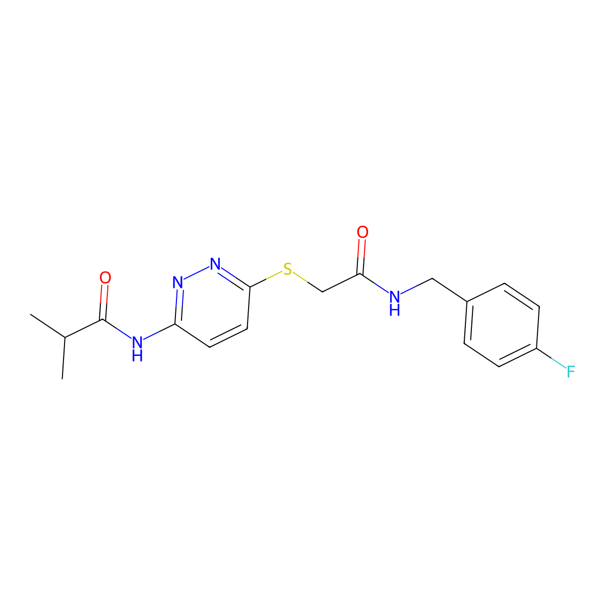 N-{6-[({[(4-fluorophenyl)methyl]carbamoyl}methyl)sulfanyl]pyridazin-3-yl}-2-methylpropanamide molecular structure, CAS 1021214-33-4