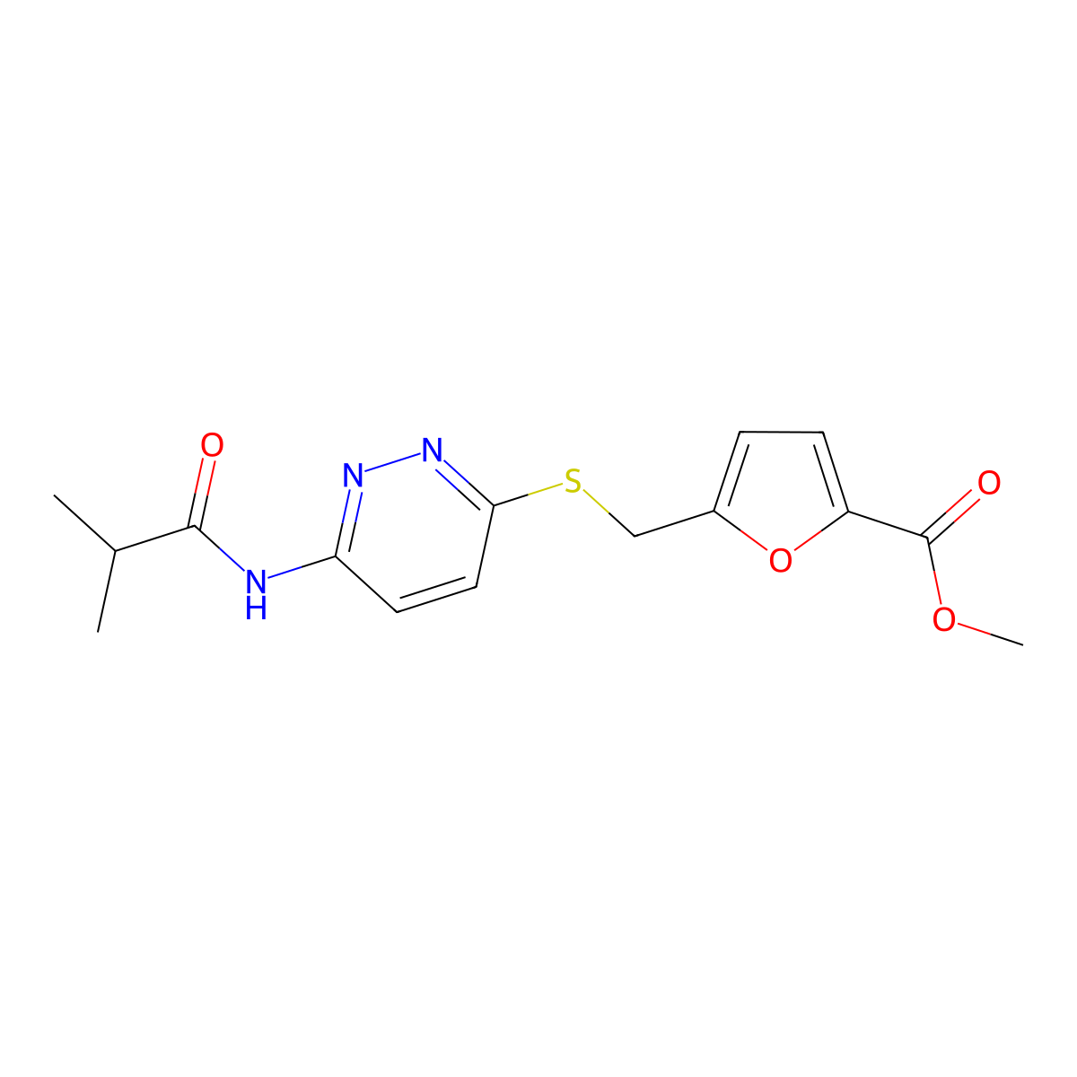 Methyl 5-({[6-(2-methylpropanamido)pyridazin-3-yl]sulfanyl}methyl)furan-2-carboxylate molecular structure, CAS 1021214-38-9