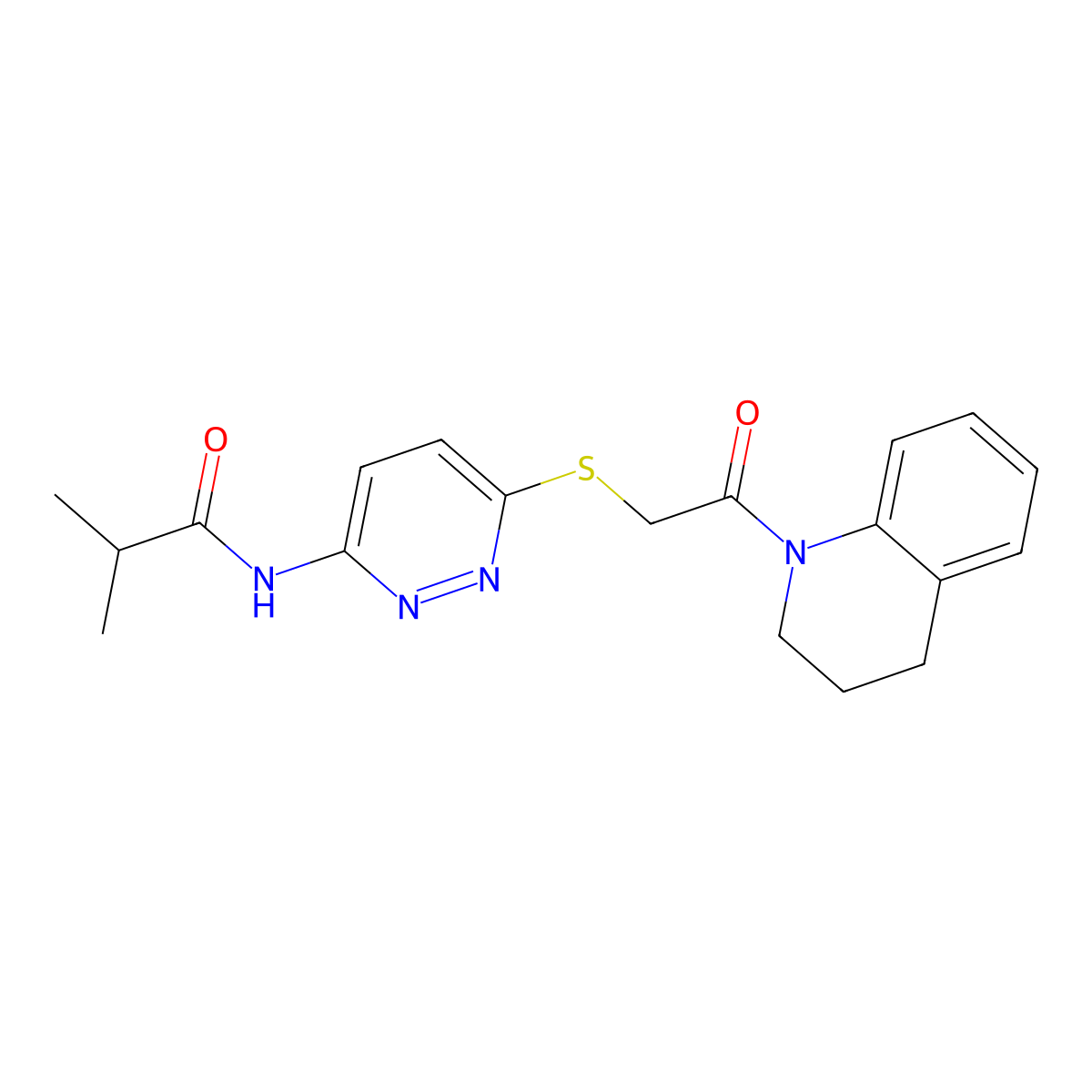2-methyl-N-(6-{[2-oxo-2-(1,2,3,4-tetrahydroquinolin-1-yl)ethyl]sulfanyl}pyridazin-3-yl)propanamide molecular structure, CAS 1021214-45-8