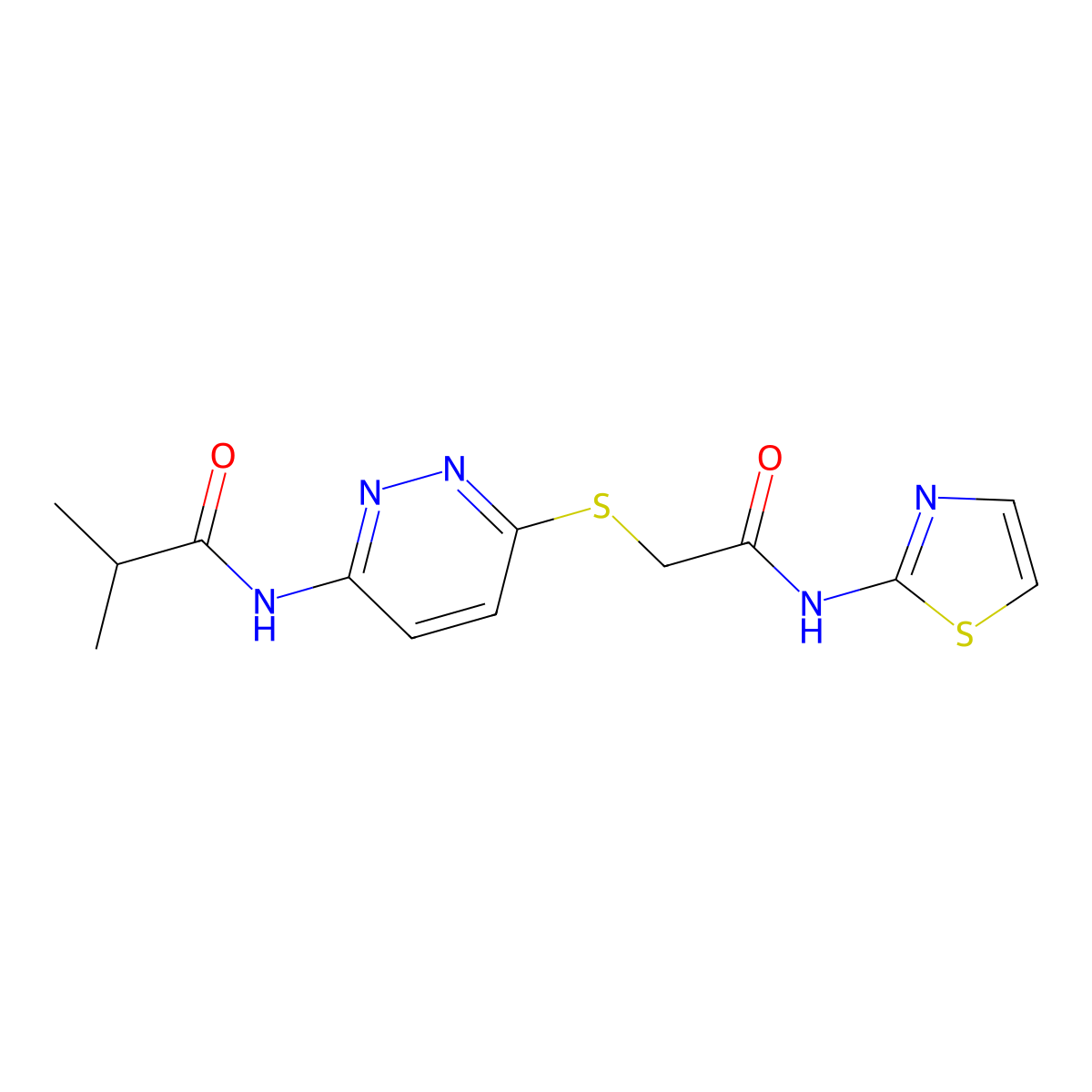 2-methyl-N-[6-({[(1,3-thiazol-2-yl)carbamoyl]methyl}sulfanyl)pyridazin-3-yl]propanamide molecular structure, CAS 1021214-46-9