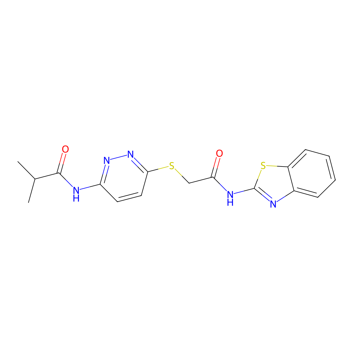 N-(6-((2-(benzo[d]thiazol-2-ylamino)-2-oxoethyl)thio)pyridazin-3-yl)isobutyramide molecular structure, CAS 1021214-47-0