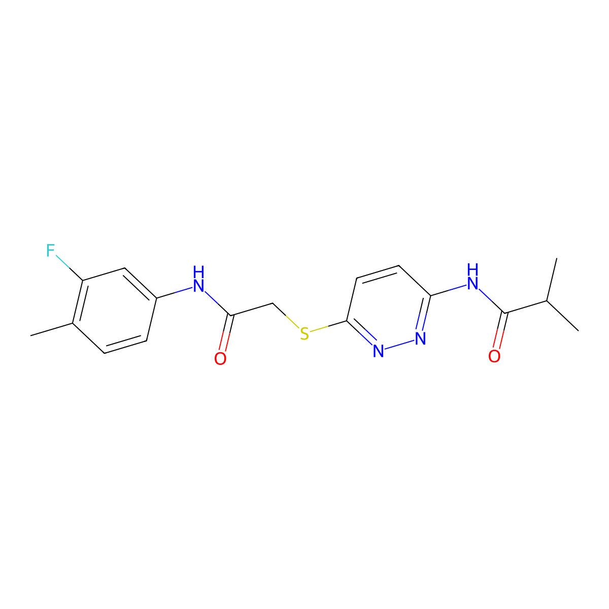 N-[6-({[(3-fluoro-4-methylphenyl)carbamoyl]methyl}sulfanyl)pyridazin-3-yl]-2-methylpropanamide molecular structure, CAS 1021214-57-2