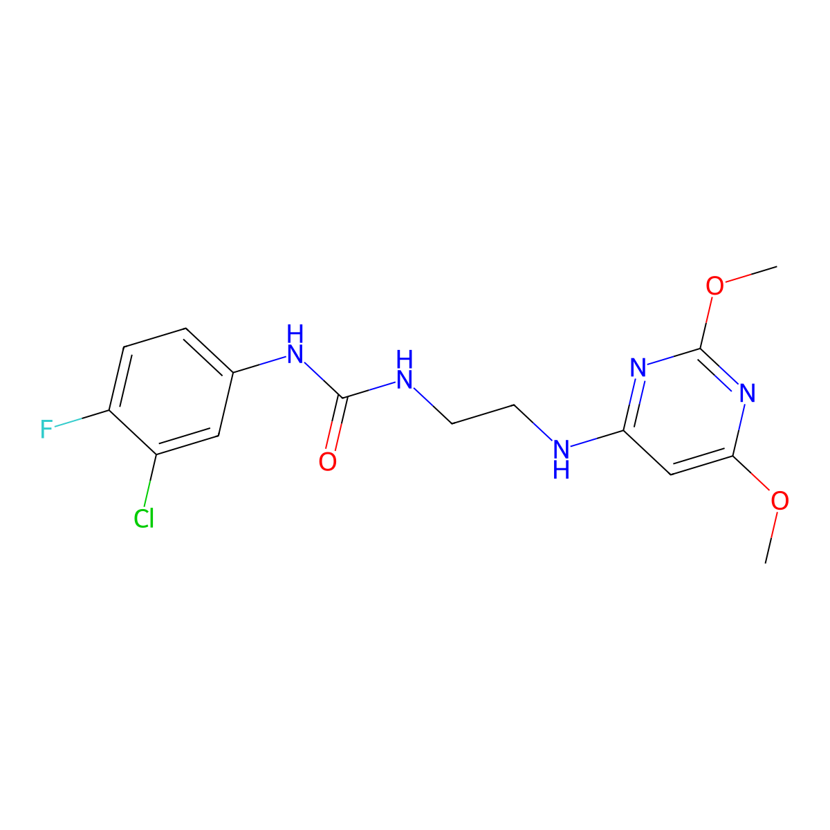 1-(3-Chloro-4-fluorophenyl)-3-(2-((2,6-dimethoxypyrimidin-4-yl)amino)ethyl)urea molecular structure, CAS 1021214-58-3