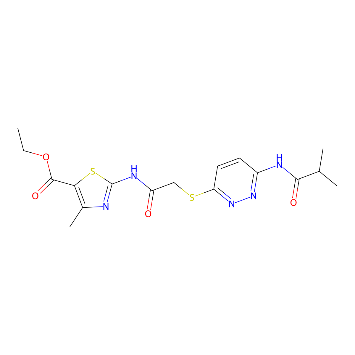 Ethyl 4-methyl-2-(2-{[6-(2-methylpropanamido)pyridazin-3-yl]sulfanyl}acetamido)-1,3-thiazole-5-carboxylate molecular structure, CAS 1021214-61-8