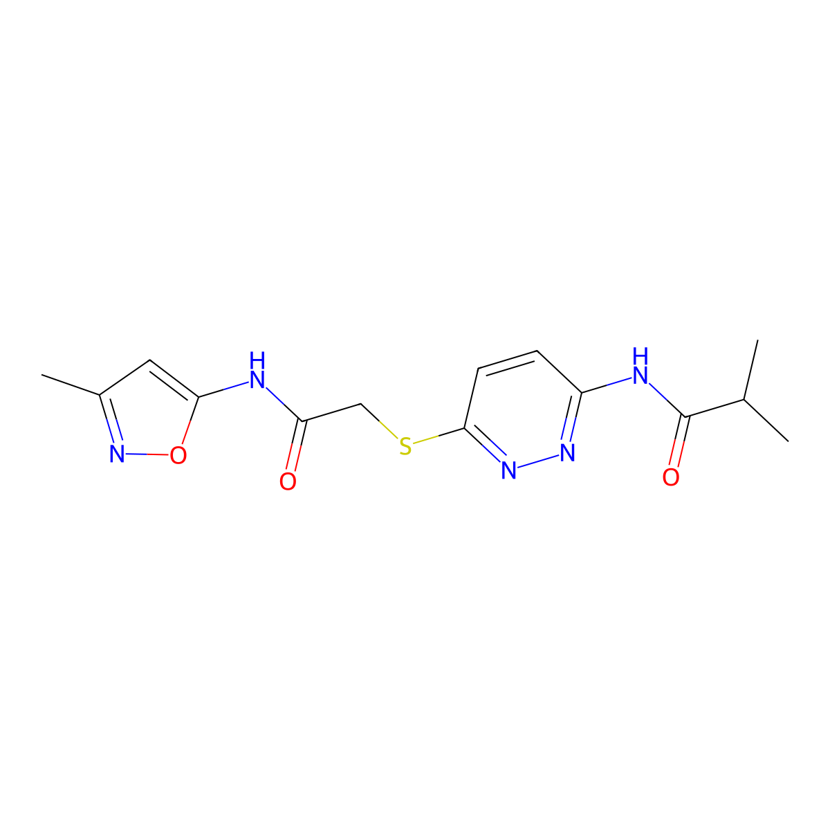 2-methyl-N-[6-({[(3-methyl-1,2-oxazol-5-yl)carbamoyl]methyl}sulfanyl)pyridazin-3-yl]propanamide molecular structure, CAS 1021214-68-5
