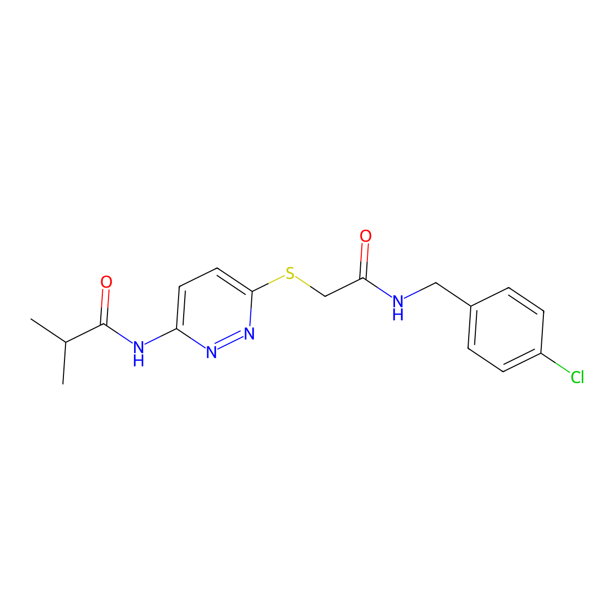 N-{6-[({[(4-chlorophenyl)methyl]carbamoyl}methyl)sulfanyl]pyridazin-3-yl}-2-methylpropanamide molecular structure, CAS 1021214-76-5