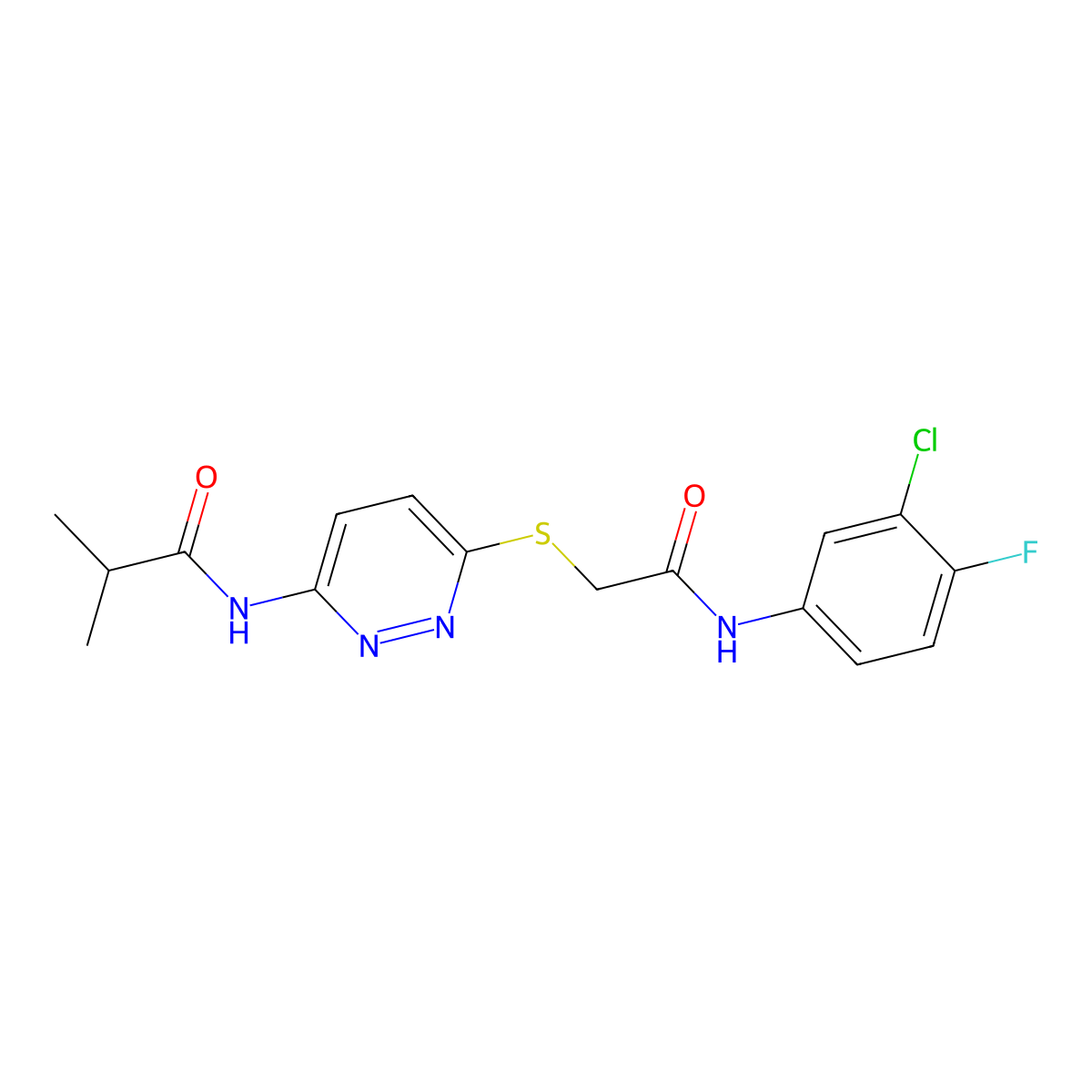 N-[6-({[(3-chloro-4-fluorophenyl)carbamoyl]methyl}sulfanyl)pyridazin-3-yl]-2-methylpropanamide molecular structure, CAS 1021214-78-7