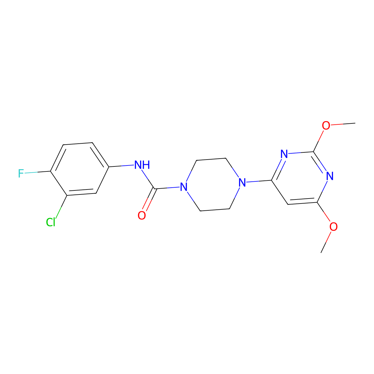 N-(3-chloro-4-fluorophenyl)-4-(2,6-dimethoxypyrimidin-4-yl)piperazine-1-carboxamide molecular structure, CAS 1021214-82-3