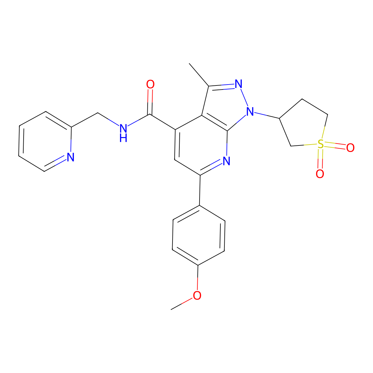 1-(1,1-dioxidotetrahydrothiophen-3-yl)-6-(4-methoxyphenyl)-3-methyl-N-(pyridin-2-ylmethyl)-1H-pyrazolo[3,4-b]pyridine-4-carboxamide molecular structure, CAS 1021214-86-7