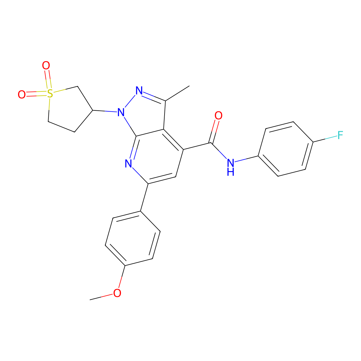 1-(1,1-dioxidotetrahydrothiophen-3-yl)-N-(4-fluorophenyl)-6-(4-methoxyphenyl)-3-methyl-1H-pyrazolo[3,4-b]pyridine-4-carboxamide molecular structure, CAS 1021214-90-3