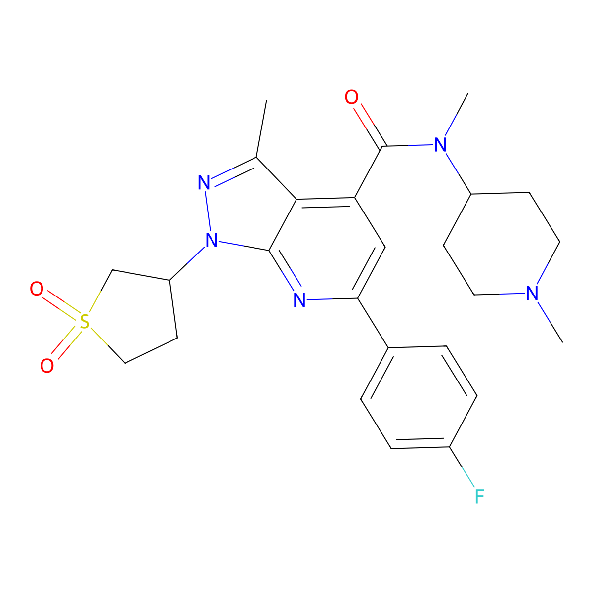 1-(1,1-dioxidotetrahydrothiophen-3-yl)-6-(4-fluorophenyl)-N,3-dimethyl-N-(1-methylpiperidin-4-yl)-1H-pyrazolo[3,4-b]pyridine-4-carboxamide molecular structure, CAS 1021214-92-5