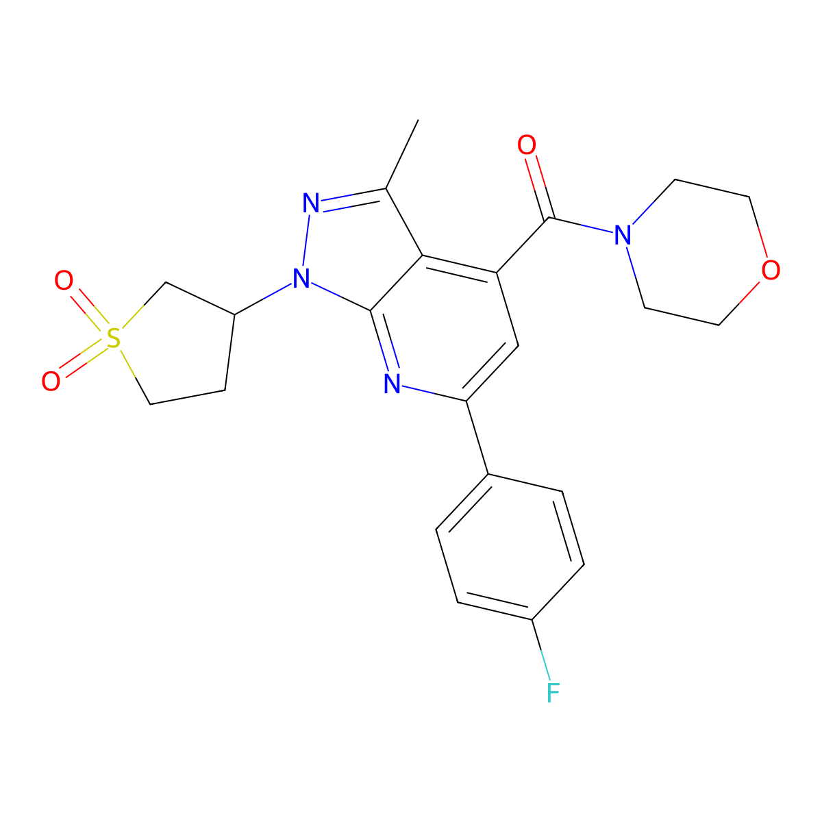 (1-(1,1-dioxidotetrahydrothiophen-3-yl)-6-(4-fluorophenyl)-3-methyl-1H-pyrazolo[3,4-b]pyridin-4-yl)(morpholino)methanone molecular structure, CAS 1021214-94-7