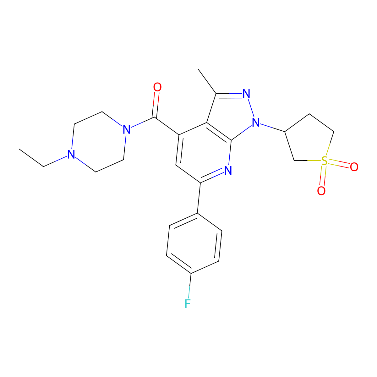 (1-(1,1-dioxidotetrahydrothiophen-3-yl)-6-(4-fluorophenyl)-3-methyl-1H-pyrazolo[3,4-b]pyridin-4-yl)(4-ethylpiperazin-1-yl)methanone molecular structure, CAS 1021214-96-9