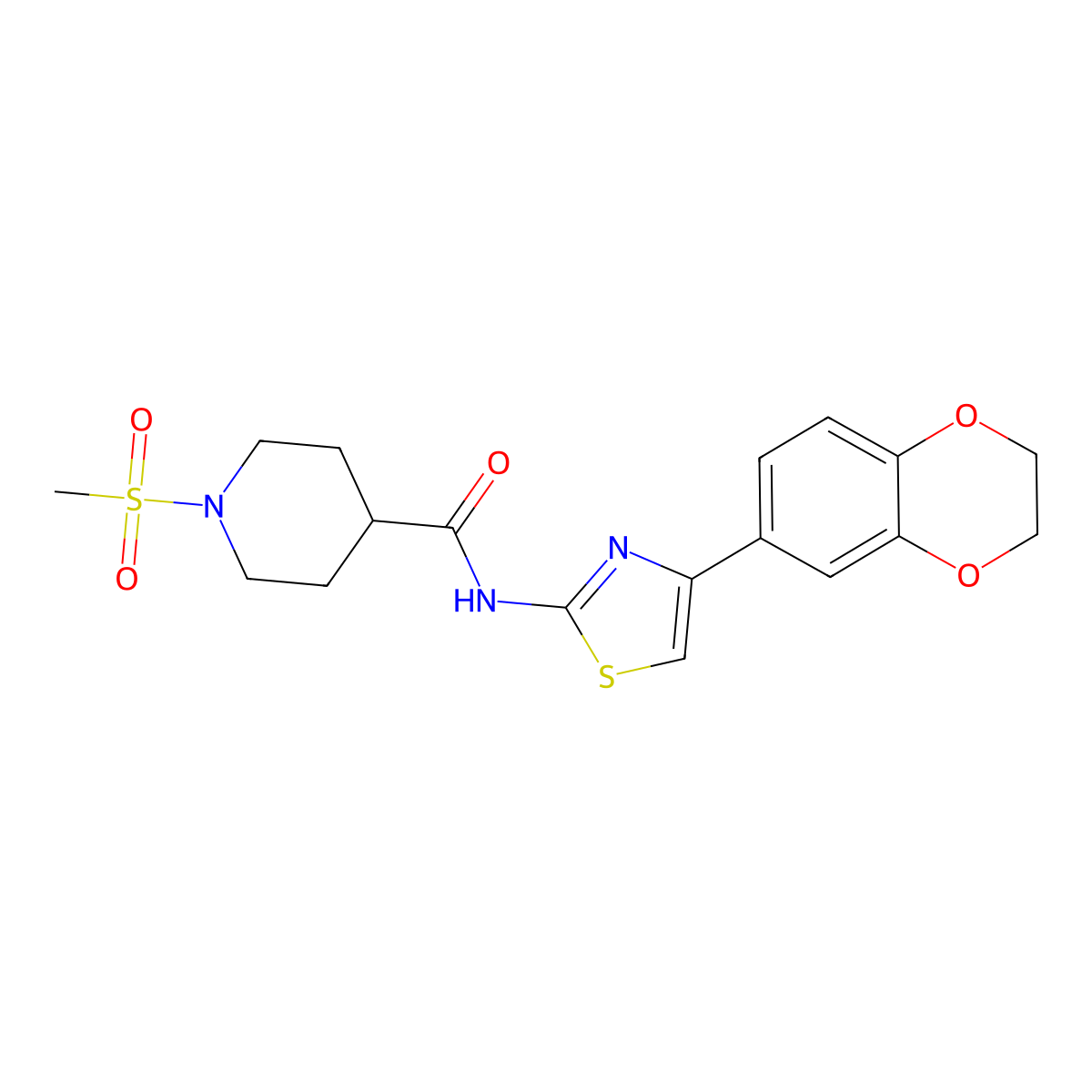 N-[4-(2,3-dihydro-1,4-benzodioxin-6-yl)-1,3-thiazol-2-yl]-1-methanesulfonylpiperidine-4-carboxamide molecular structure, CAS 1021214-97-0