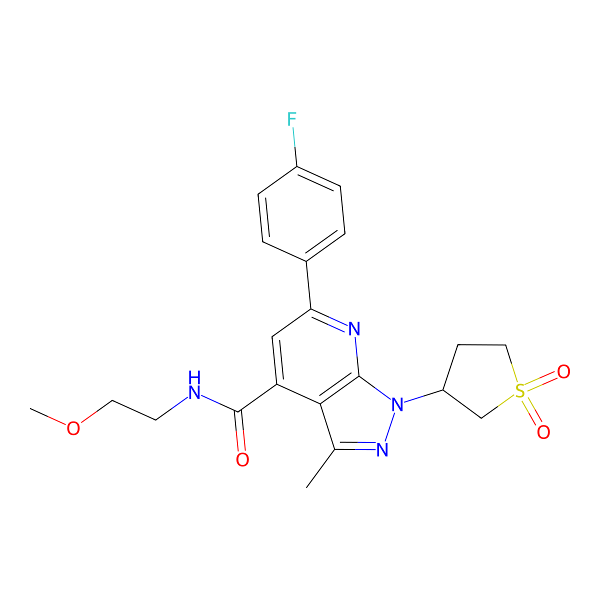 1-(1,1-dioxidotetrahydrothiophen-3-yl)-6-(4-fluorophenyl)-N-(2-methoxyethyl)-3-methyl-1H-pyrazolo[3,4-b]pyridine-4-carboxamide molecular structure, CAS 1021214-98-1