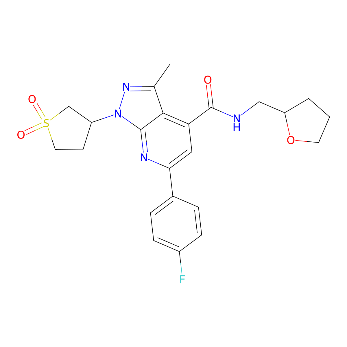 1-(1,1-dioxidotetrahydrothiophen-3-yl)-6-(4-fluorophenyl)-3-methyl-N-((tetrahydrofuran-2-yl)methyl)-1H-pyrazolo[3,4-b]pyridine-4-carboxamide molecular structure, CAS 1021215-00-8