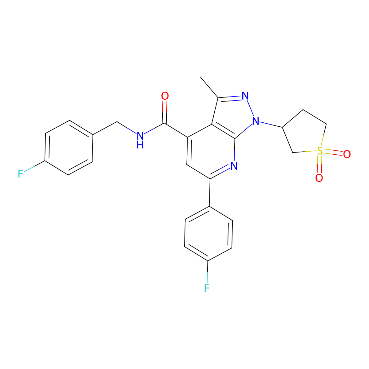1-(1,1-dioxidotetrahydrothiophen-3-yl)-N-(4-fluorobenzyl)-6-(4-fluorophenyl)-3-methyl-1H-pyrazolo[3,4-b]pyridine-4-carboxamide molecular structure, CAS 1021215-02-0