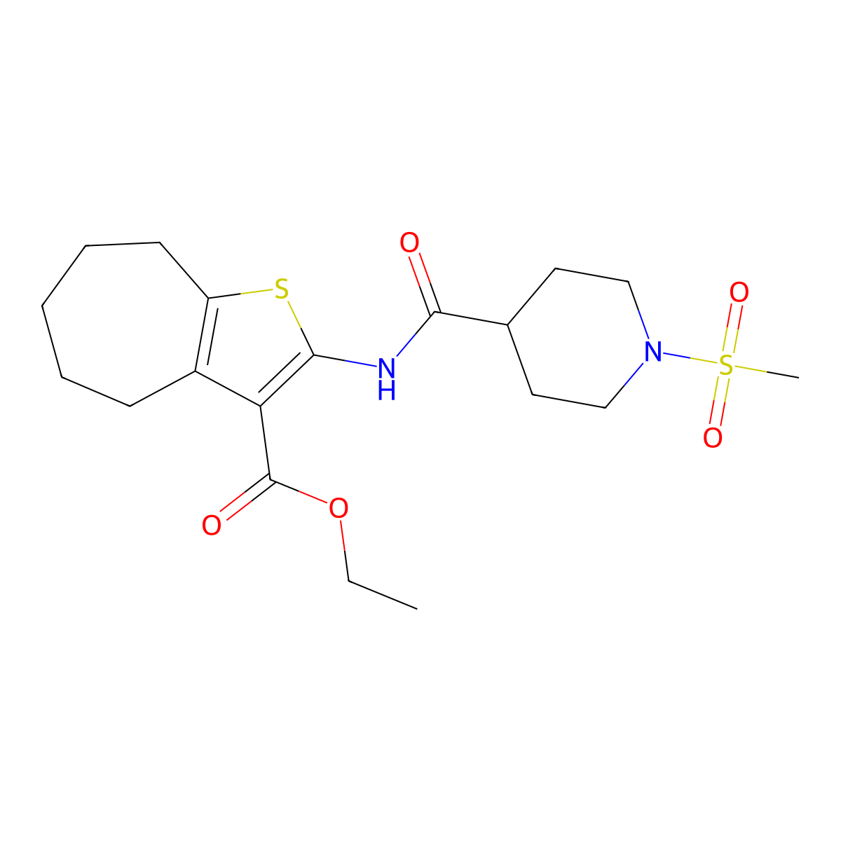 ethyl 2-(1-methanesulfonylpiperidine-4-amido)-4H,5H,6H,7H,8H-cyclohepta[b]thiophene-3-carboxylate molecular structure, CAS 1021215-03-1