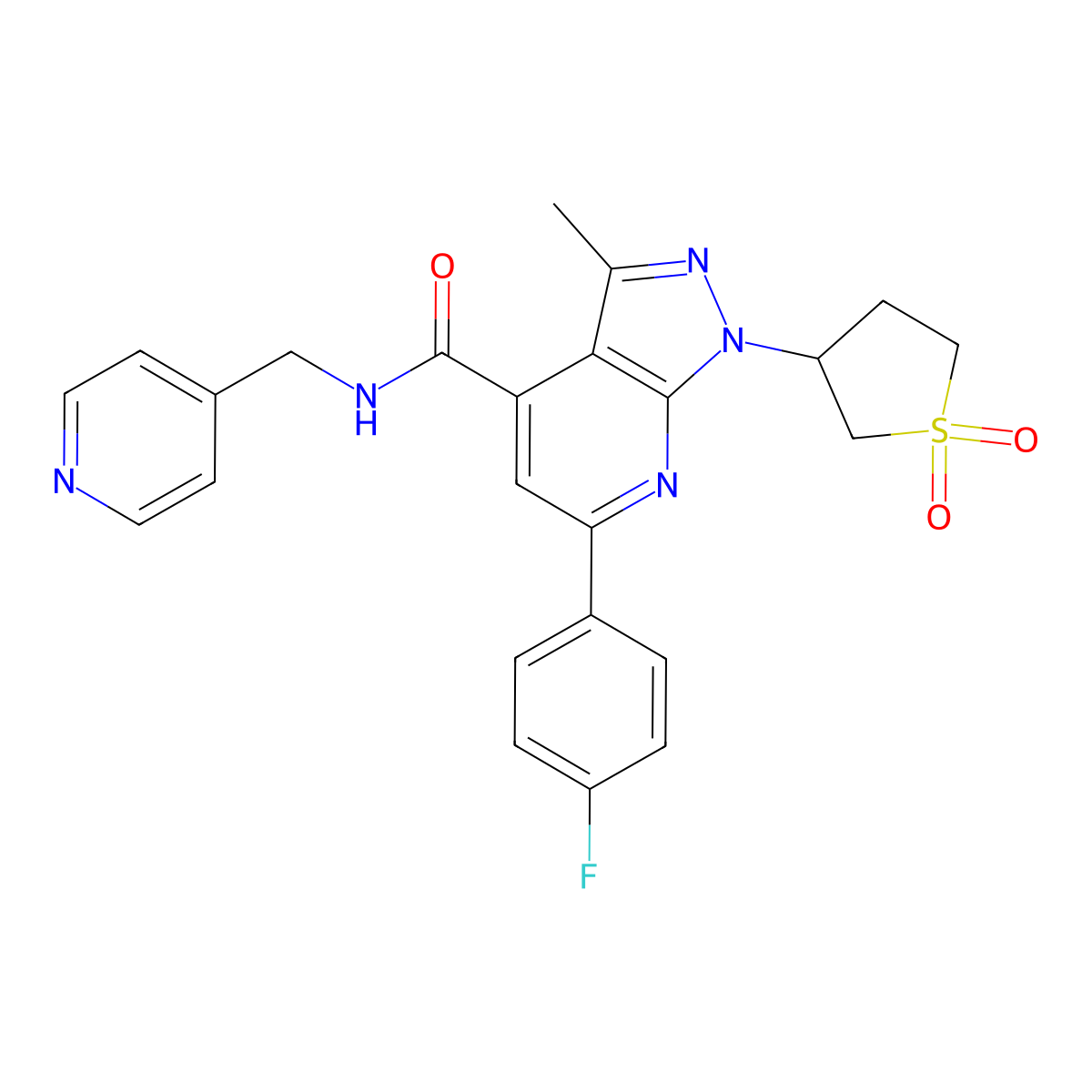 1-(1,1-dioxidotetrahydrothiophen-3-yl)-6-(4-fluorophenyl)-3-methyl-N-(pyridin-4-ylmethyl)-1H-pyrazolo[3,4-b]pyridine-4-carboxamide molecular structure, CAS 1021215-11-1