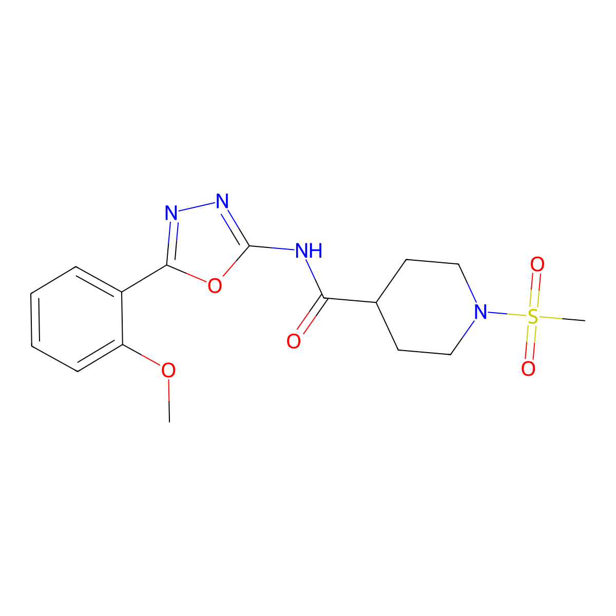 1-methanesulfonyl-N-[5-(2-methoxyphenyl)-1,3,4-oxadiazol-2-yl]piperidine-4-carboxamide molecular structure, CAS 1021215-16-6