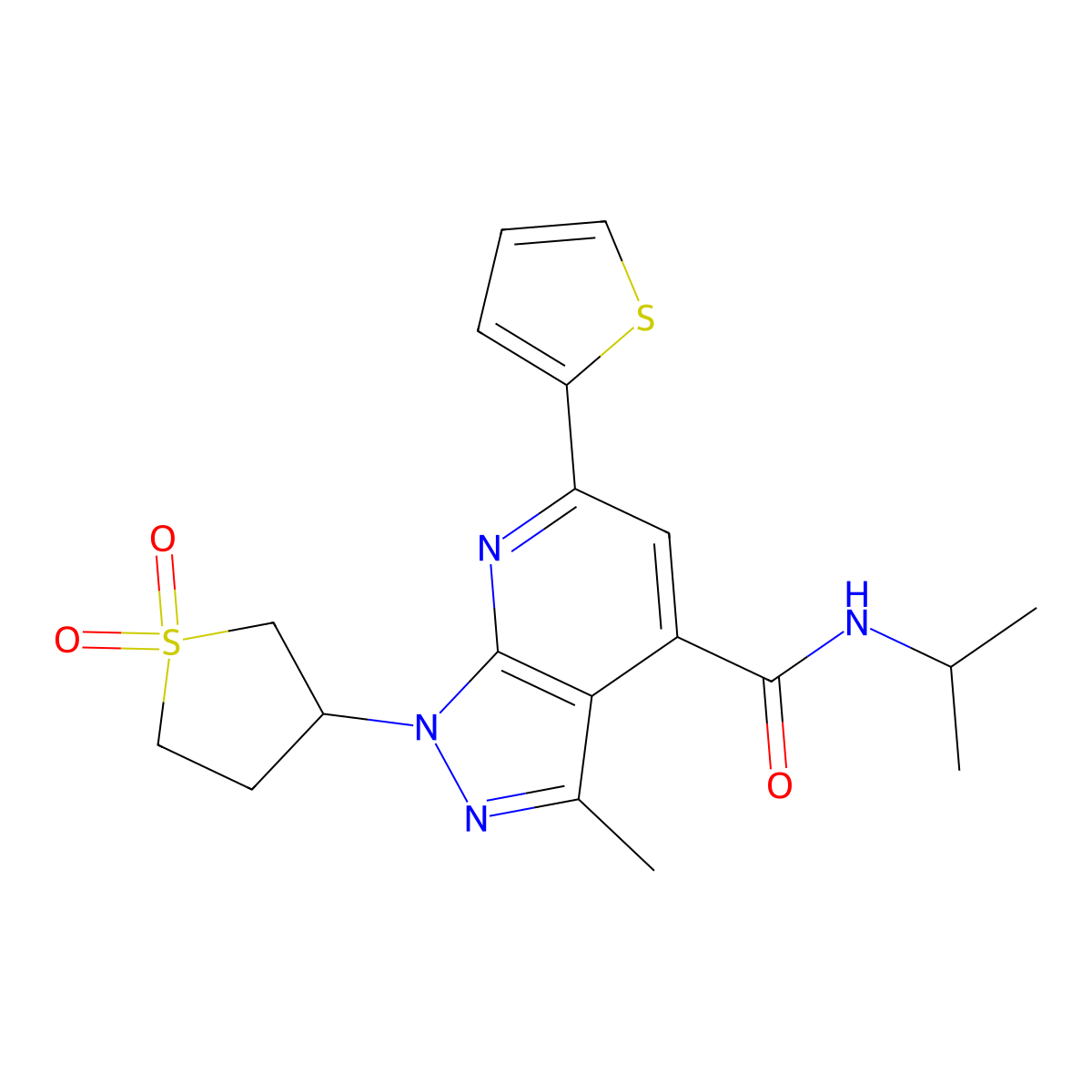 1-(1,1-dioxidotetrahydrothiophen-3-yl)-N-isopropyl-3-methyl-6-(thiophen-2-yl)-1H-pyrazolo[3,4-b]pyridine-4-carboxamide molecular structure, CAS 1021215-19-9