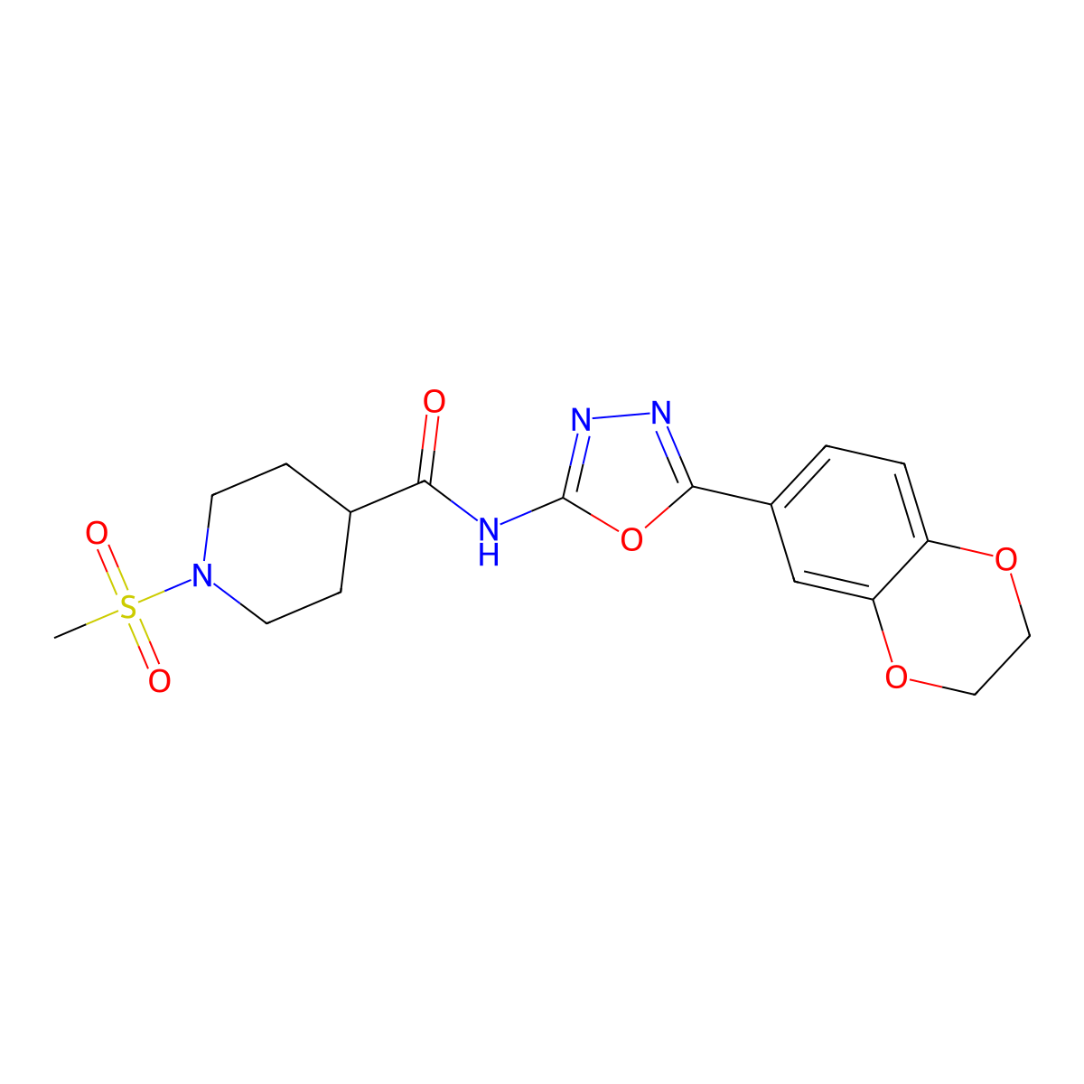N-[5-(2,3-dihydro-1,4-benzodioxin-6-yl)-1,3,4-oxadiazol-2-yl]-1-methanesulfonylpiperidine-4-carboxamide molecular structure, CAS 1021215-20-2