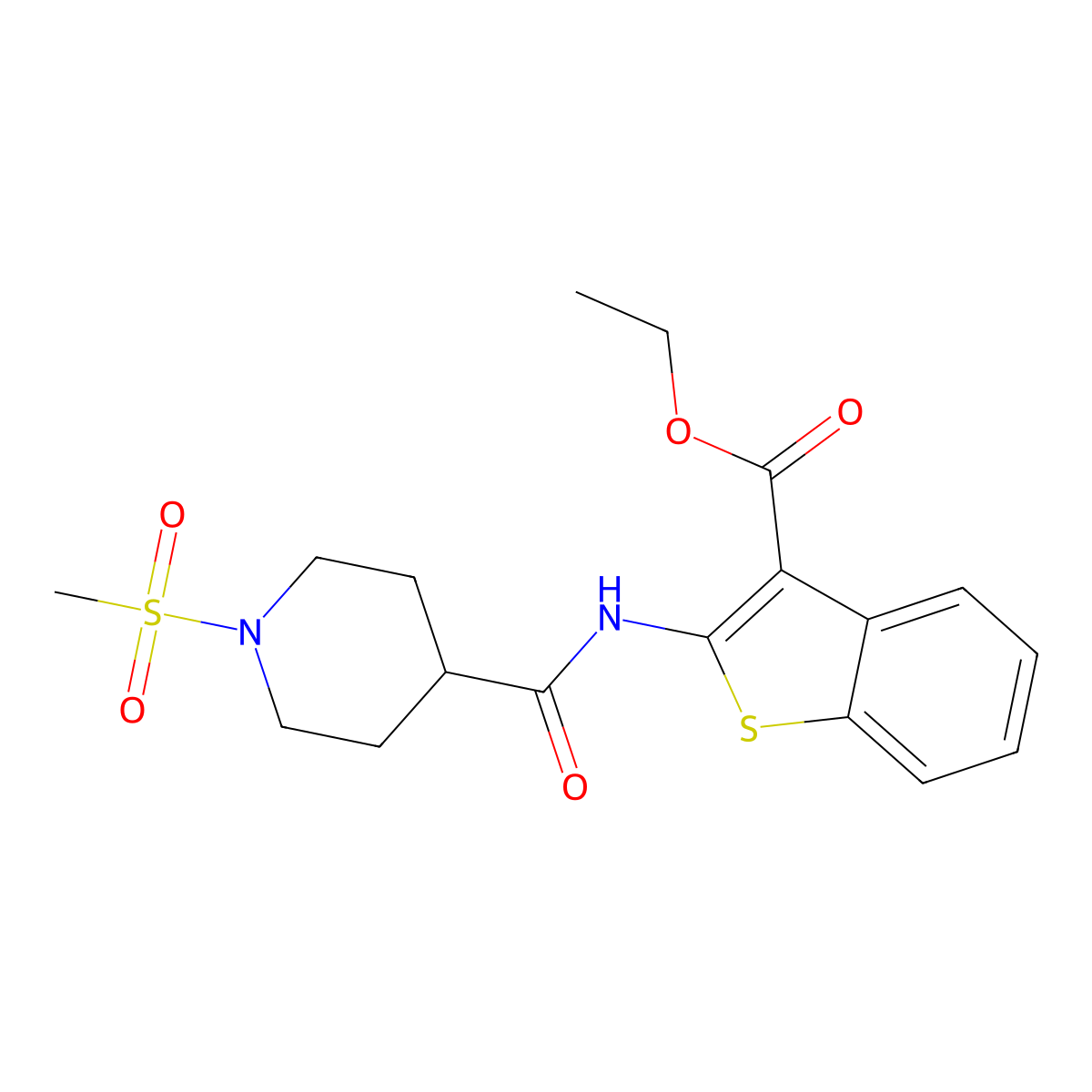 Ethyl 2-(1-methanesulfonylpiperidine-4-amido)-1-benzothiophene-3-carboxylate molecular structure, CAS 1021215-28-0