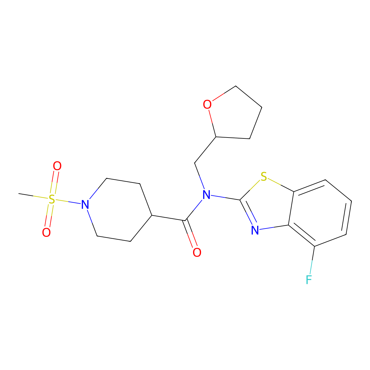 N-(4-fluorobenzo[d]thiazol-2-yl)-1-(methylsulfonyl)-N-((tetrahydrofuran-2-yl)methyl)piperidine-4-carboxamide molecular structure, CAS 1021215-36-0