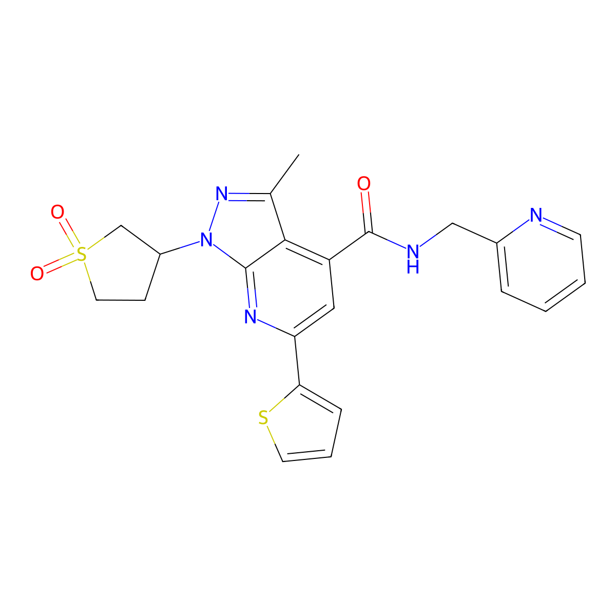 1-(1,1-dioxidotetrahydrothiophen-3-yl)-3-methyl-N-(pyridin-2-ylmethyl)-6-(thiophen-2-yl)-1H-pyrazolo[3,4-b]pyridine-4-carboxamide molecular structure, CAS 1021215-38-2