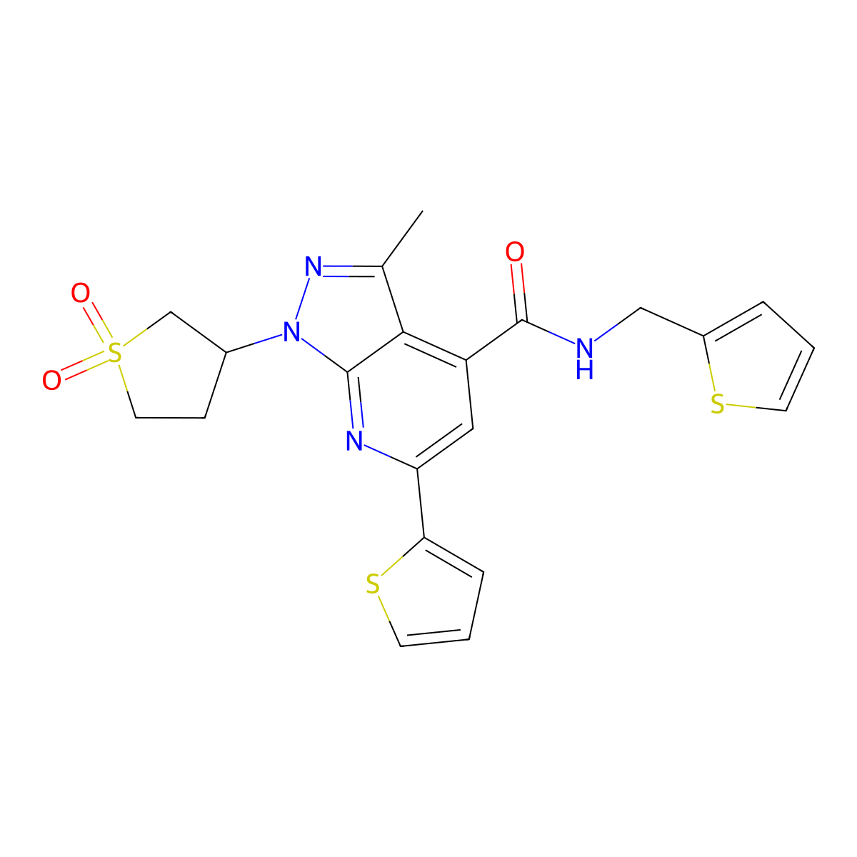 1-(1,1-dioxidotetrahydrothiophen-3-yl)-3-methyl-6-(thiophen-2-yl)-N-(thiophen-2-ylmethyl)-1H-pyrazolo[3,4-b]pyridine-4-carboxamide molecular structure, CAS 1021215-41-7
