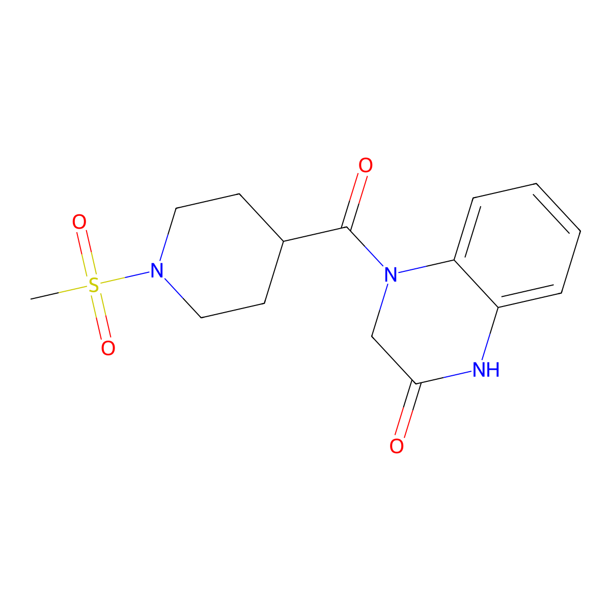 4-(1-Methanesulfonylpiperidine-4-carbonyl)-1,2,3,4-tetrahydroquinoxalin-2-one molecular structure, CAS 1021215-44-0