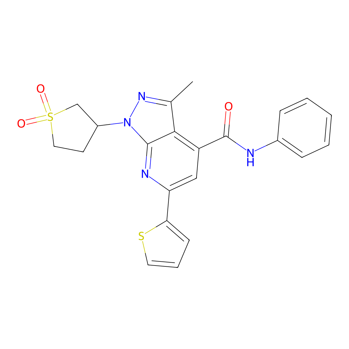 1-(1,1-dioxidotetrahydrothiophen-3-yl)-3-methyl-N-phenyl-6-(thiophen-2-yl)-1H-pyrazolo[3,4-b]pyridine-4-carboxamide molecular structure, CAS 1021215-46-2
