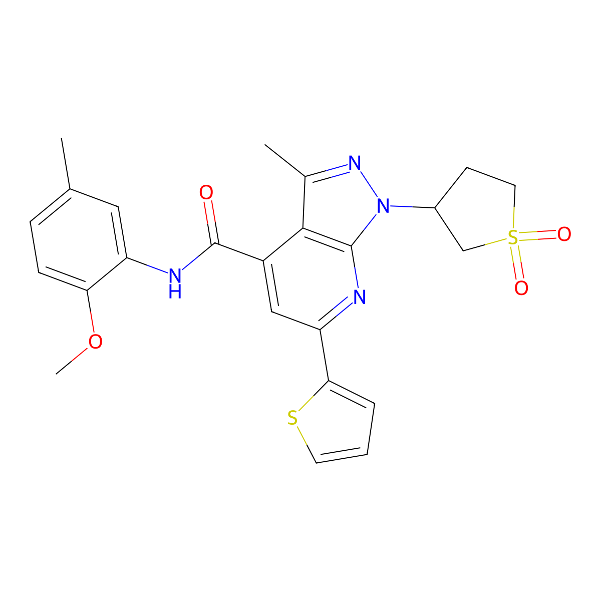1-(1,1-dioxidotetrahydrothiophen-3-yl)-N-(2-methoxy-5-methylphenyl)-3-methyl-6-(thiophen-2-yl)-1H-pyrazolo[3,4-b]pyridine-4-carboxamide molecular structure, CAS 1021215-53-1