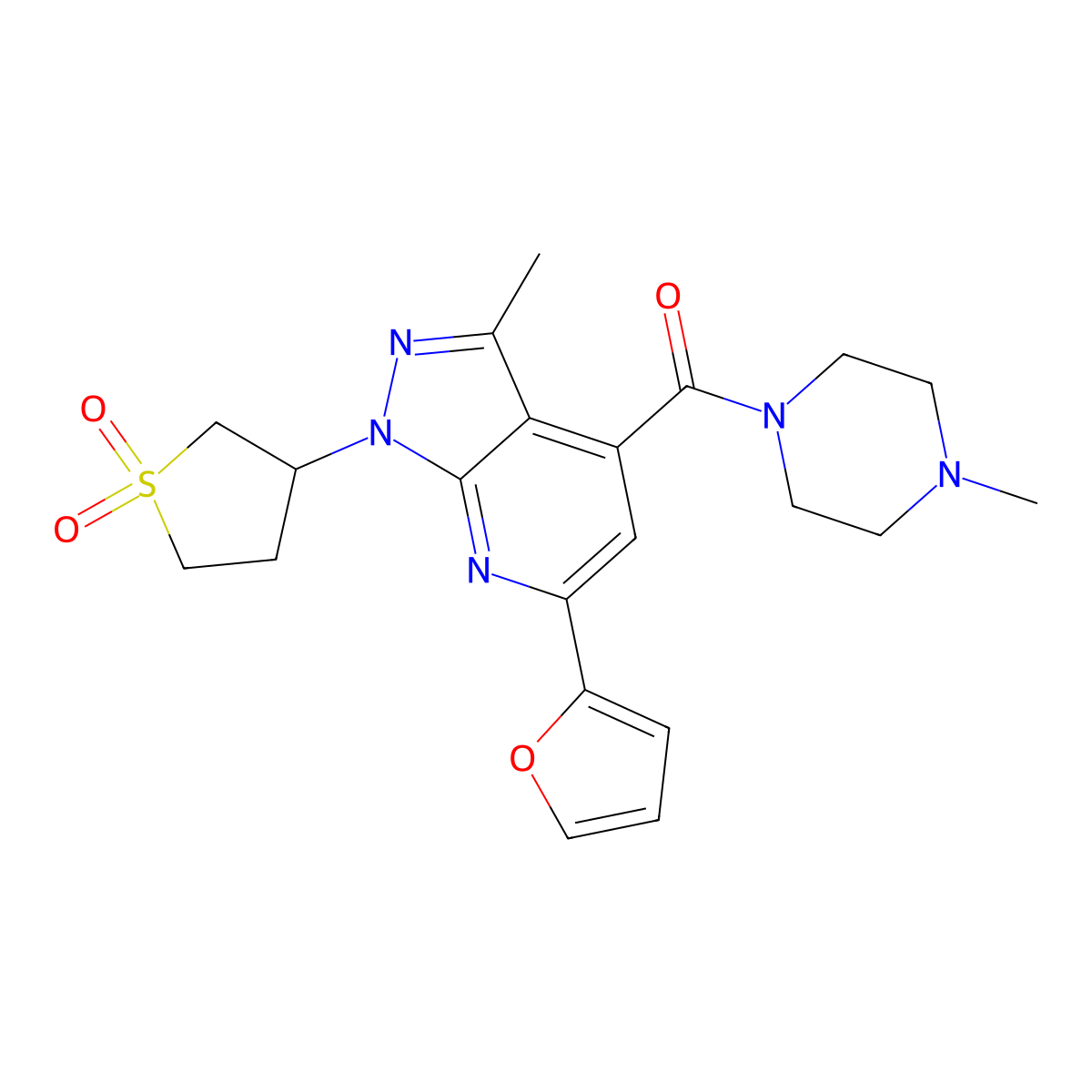 (1-(1,1-dioxidotetrahydrothiophen-3-yl)-6-(furan-2-yl)-3-methyl-1H-pyrazolo[3,4-b]pyridin-4-yl)(4-methylpiperazin-1-yl)methanone molecular structure, CAS 1021215-58-6