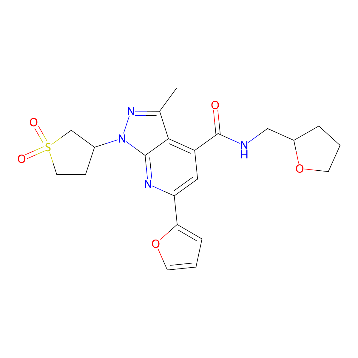 1-(1,1-dioxidotetrahydrothiophen-3-yl)-6-(furan-2-yl)-3-methyl-N-((tetrahydrofuran-2-yl)methyl)-1H-pyrazolo[3,4-b]pyridine-4-carboxamide molecular structure, CAS 1021215-60-0