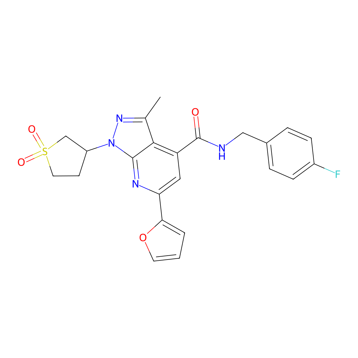1-(1,1-dioxidotetrahydrothiophen-3-yl)-N-(4-fluorobenzyl)-6-(furan-2-yl)-3-methyl-1H-pyrazolo[3,4-b]pyridine-4-carboxamide molecular structure, CAS 1021215-62-2