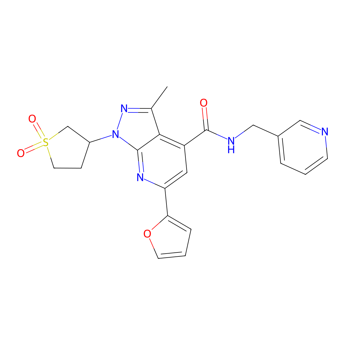 1-(1,1-dioxidotetrahydrothiophen-3-yl)-6-(furan-2-yl)-3-methyl-N-(pyridin-3-ylmethyl)-1H-pyrazolo[3,4-b]pyridine-4-carboxamide molecular structure, CAS 1021215-64-4