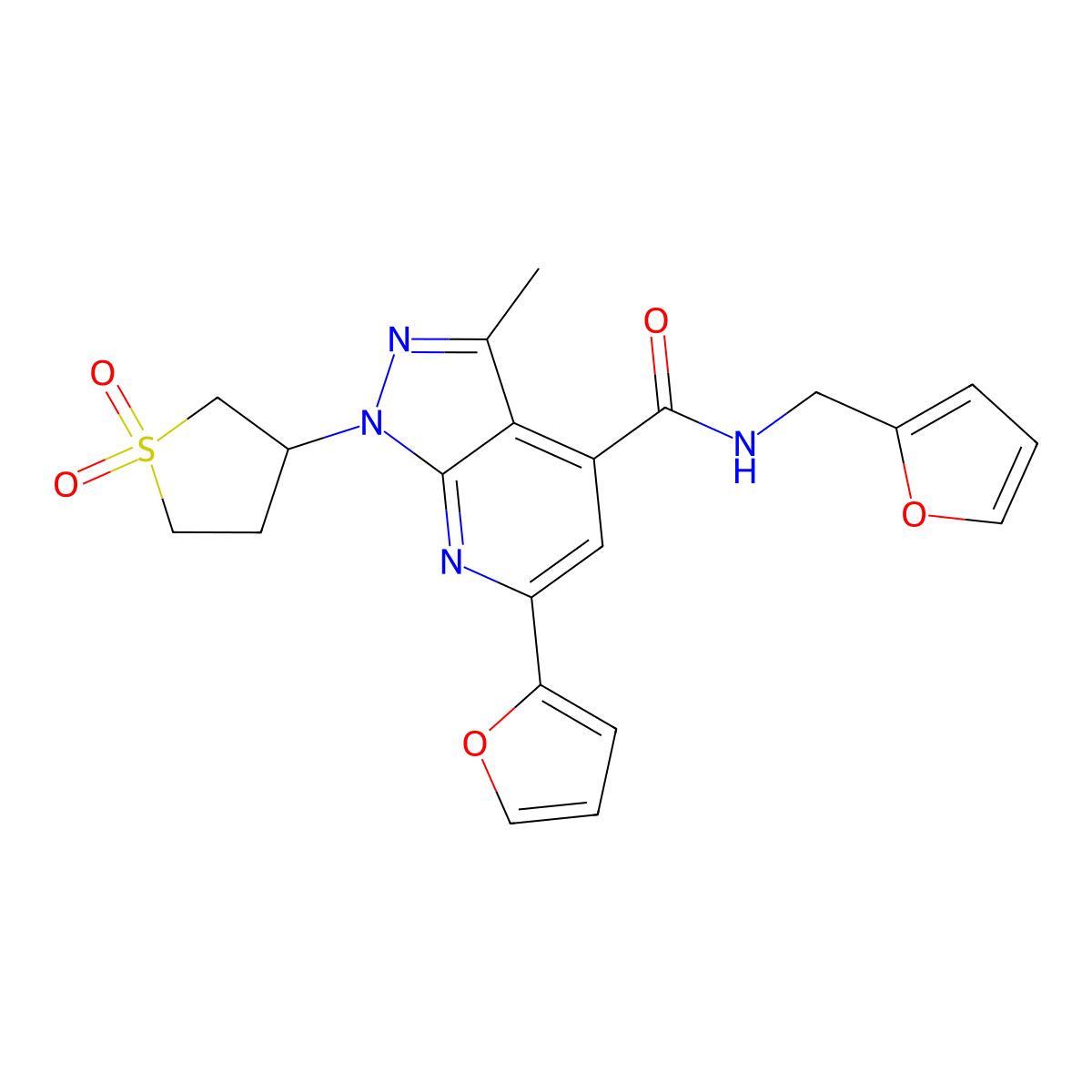 1-(1,1-dioxidotetrahydrothiophen-3-yl)-6-(furan-2-yl)-N-(furan-2-ylmethyl)-3-methyl-1H-pyrazolo[3,4-b]pyridine-4-carboxamide molecular structure, CAS 1021215-66-6