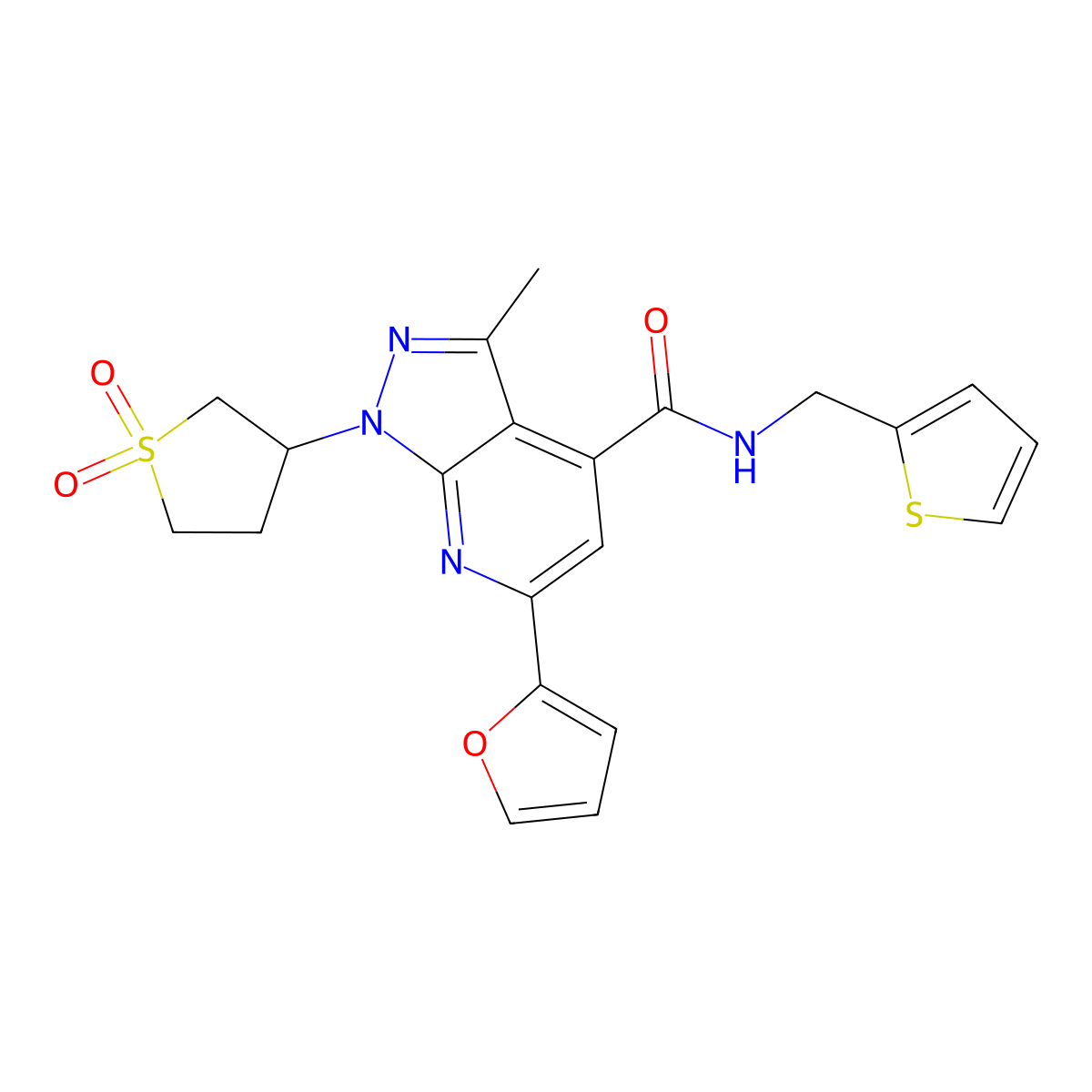 1-(1,1-dioxidotetrahydrothiophen-3-yl)-6-(furan-2-yl)-3-methyl-N-(thiophen-2-ylmethyl)-1H-pyrazolo[3,4-b]pyridine-4-carboxamide molecular structure, CAS 1021215-68-8