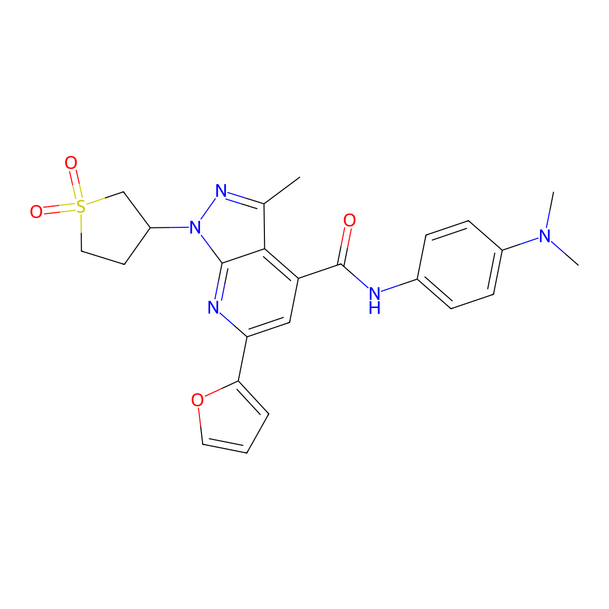 N-(4-(dimethylamino)phenyl)-1-(1,1-dioxidotetrahydrothiophen-3-yl)-6-(furan-2-yl)-3-methyl-1H-pyrazolo[3,4-b]pyridine-4-carboxamide molecular structure, CAS 1021215-70-2