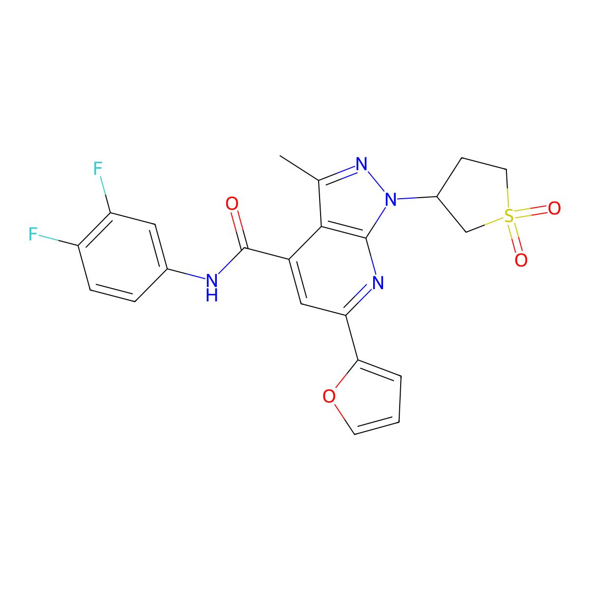 N-(3,4-difluorophenyl)-1-(1,1-dioxidotetrahydrothiophen-3-yl)-6-(furan-2-yl)-3-methyl-1H-pyrazolo[3,4-b]pyridine-4-carboxamide molecular structure, CAS 1021215-73-5