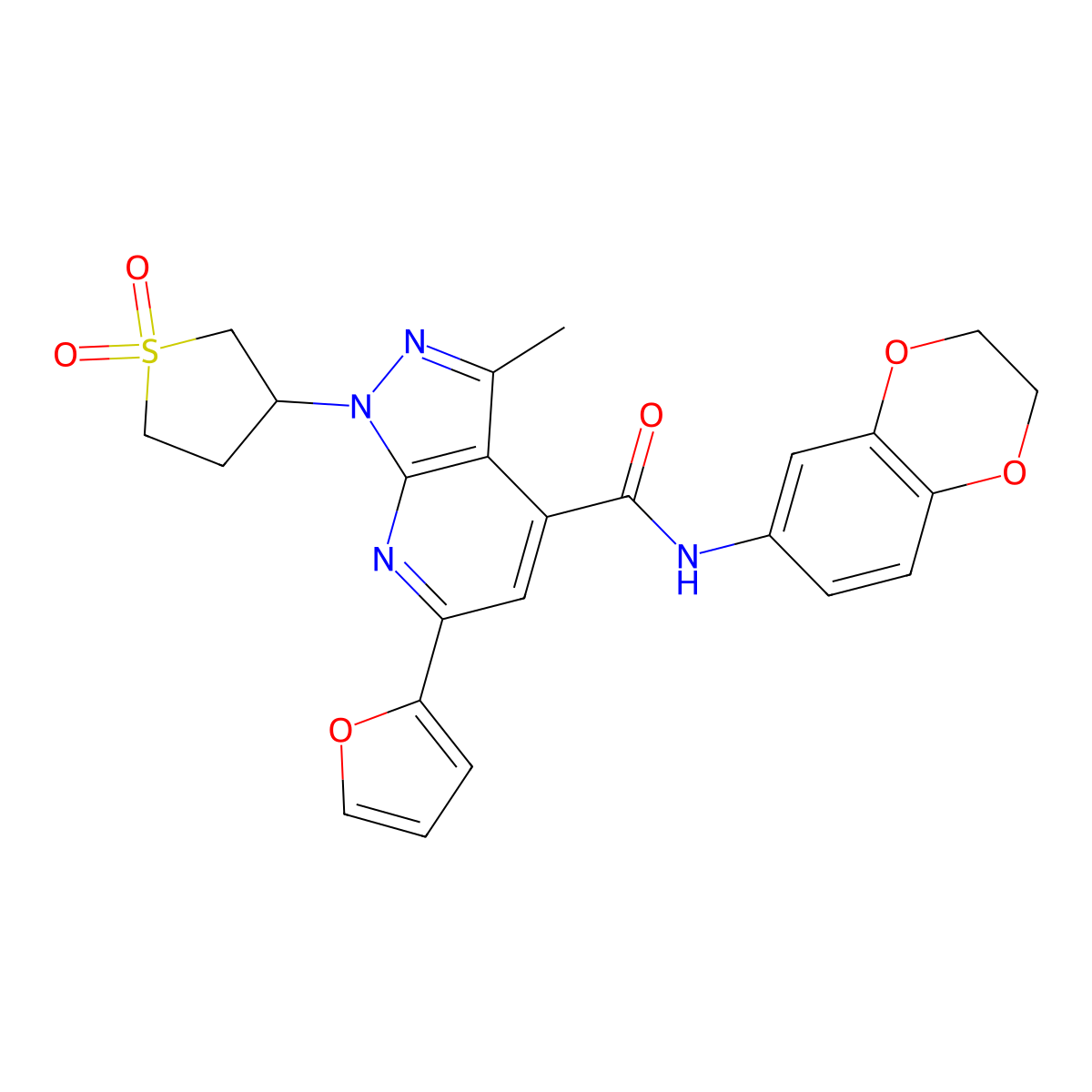 N-(2,3-dihydrobenzo[b][1,4]dioxin-6-yl)-1-(1,1-dioxidotetrahydrothiophen-3-yl)-6-(furan-2-yl)-3-methyl-1H-pyrazolo[3,4-b]pyridine-4-carboxamide molecular structure, CAS 1021215-75-7