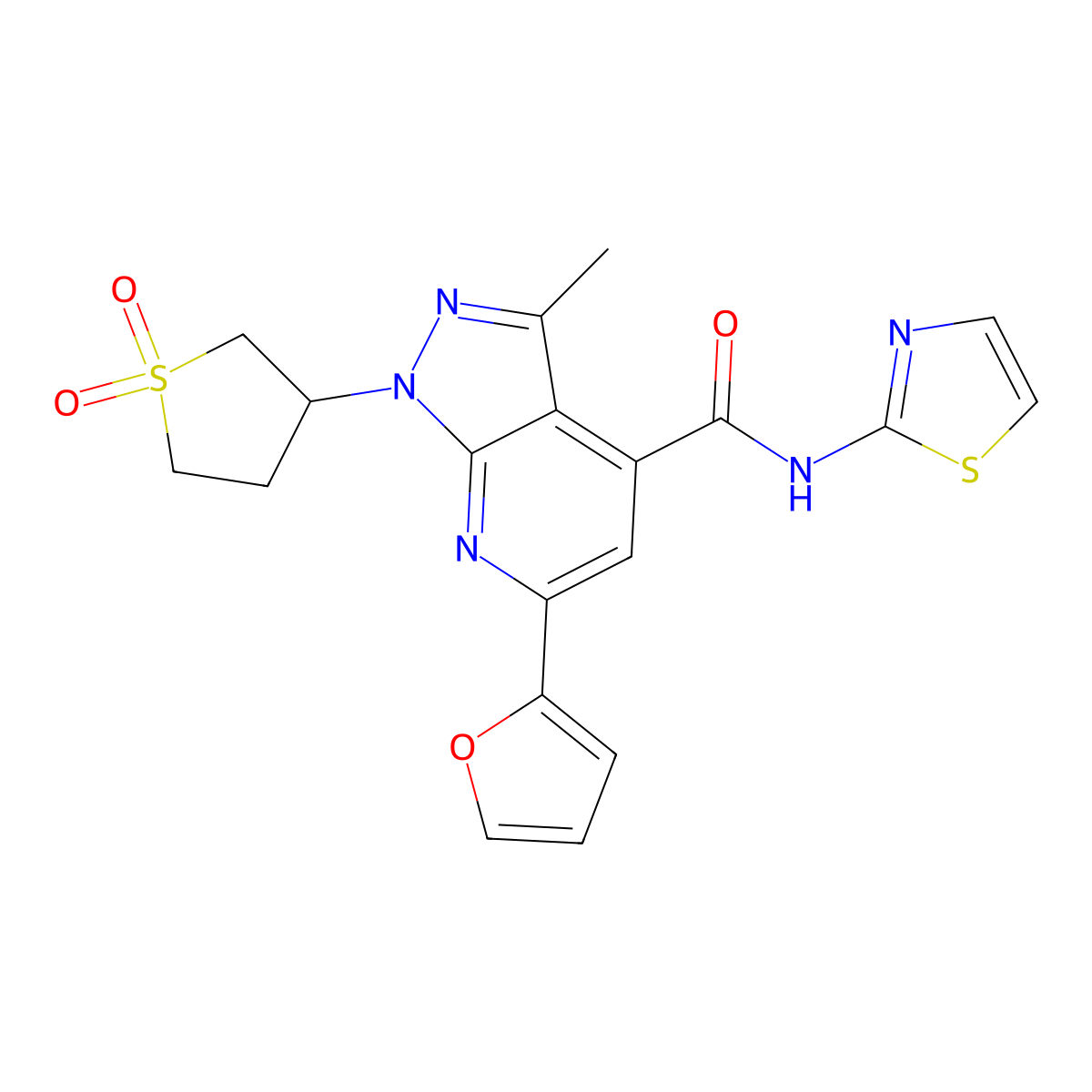 1-(1,1-dioxidotetrahydrothiophen-3-yl)-6-(furan-2-yl)-3-methyl-N-(thiazol-2-yl)-1H-pyrazolo[3,4-b]pyridine-4-carboxamide molecular structure, CAS 1021215-78-0